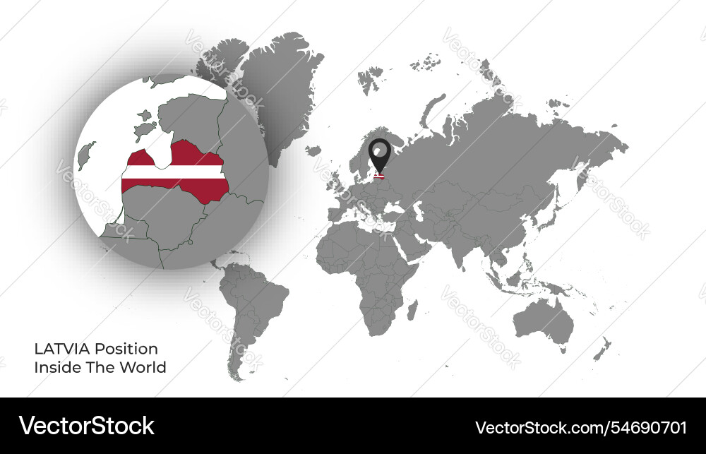 Latvia position inside the world with flag in map Vector Image