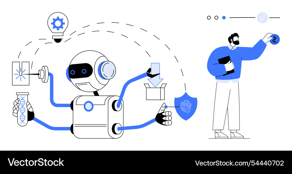 Robot performing multiple tasks with scientist Robot performing multiple tasks with scientist vector image