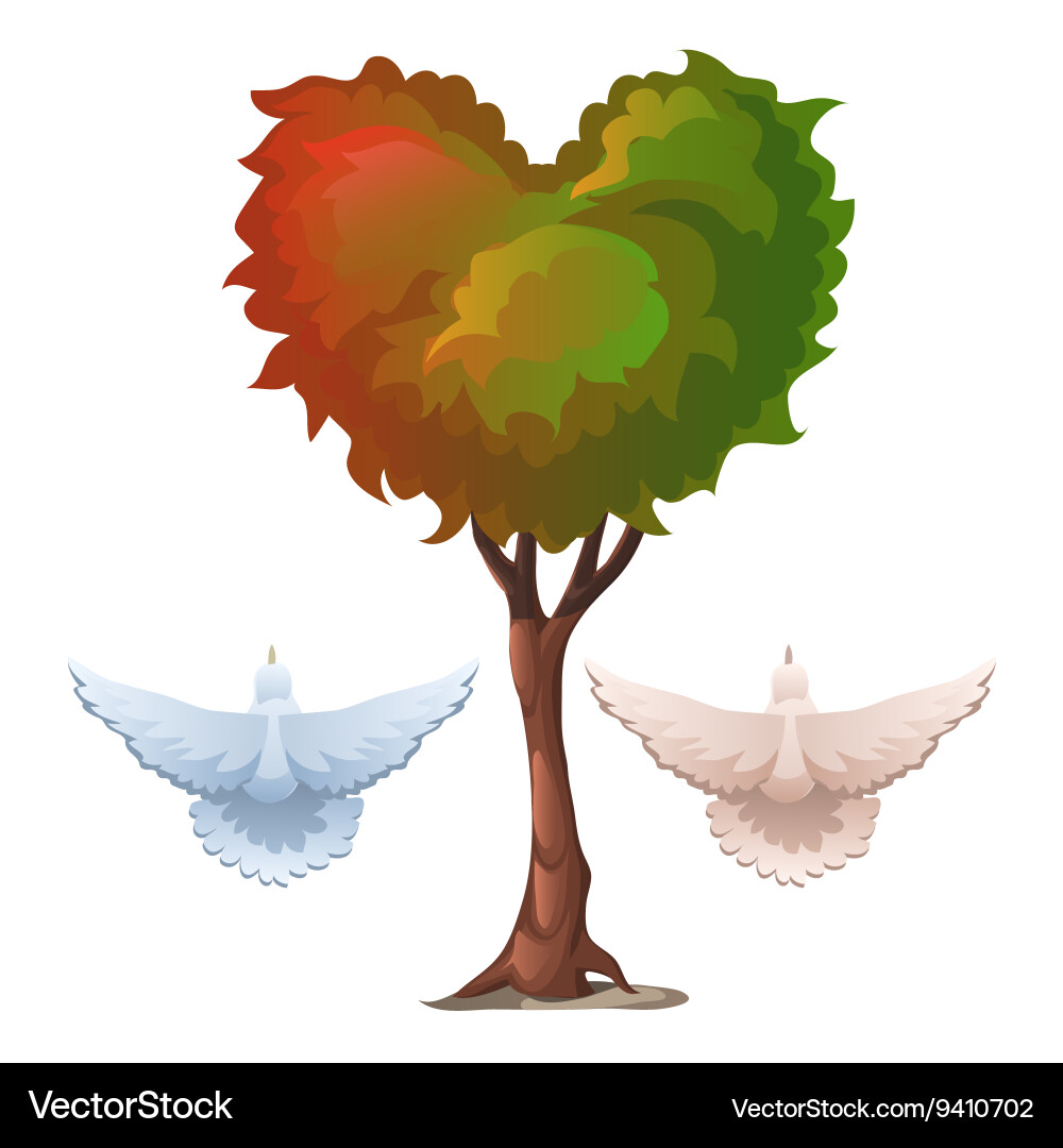 Tree with foliage in the shape of heart and doves Vector Image