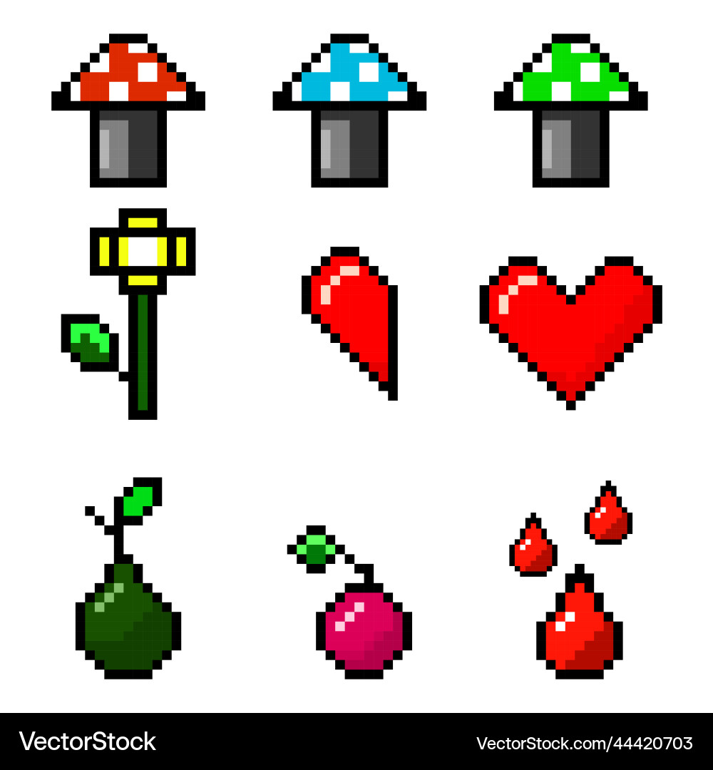 Collection of pixel objects used in games vector image