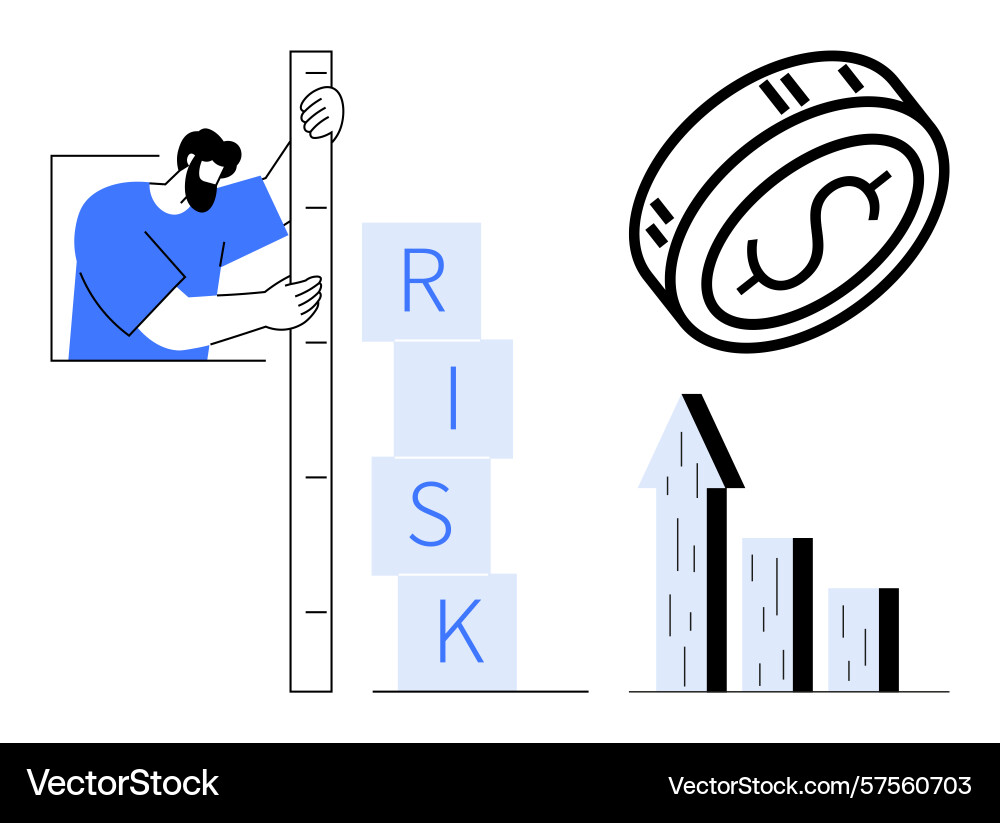 Man measuring risk stacked blocks rising graph Man measuring risk stacked blocks rising graph Vector Image