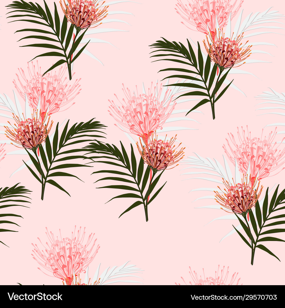 Tropical Protea & Palm Leaves Pattern Vector Image