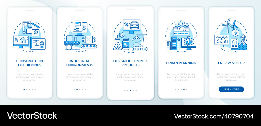 Digital twin use cases blue onboarding mobile app Digital twin use cases blue onboarding mobile app Vector Image