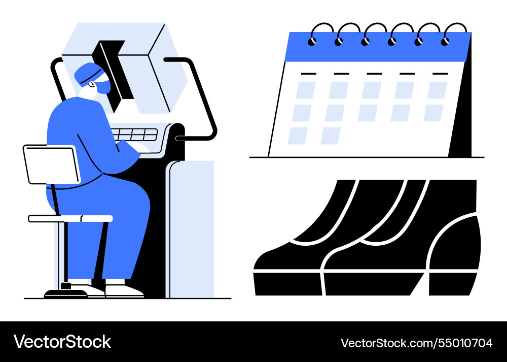 Factory worker operating a machine beside calendar Factory worker operating a machine beside calendar vector image