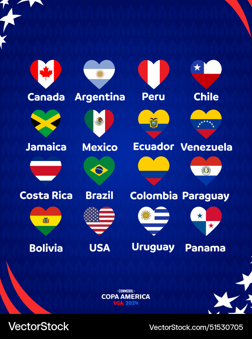 Conmebol copa america usa 2024 flags heart design Conmebol copa america usa 2024 flags heart design vector image