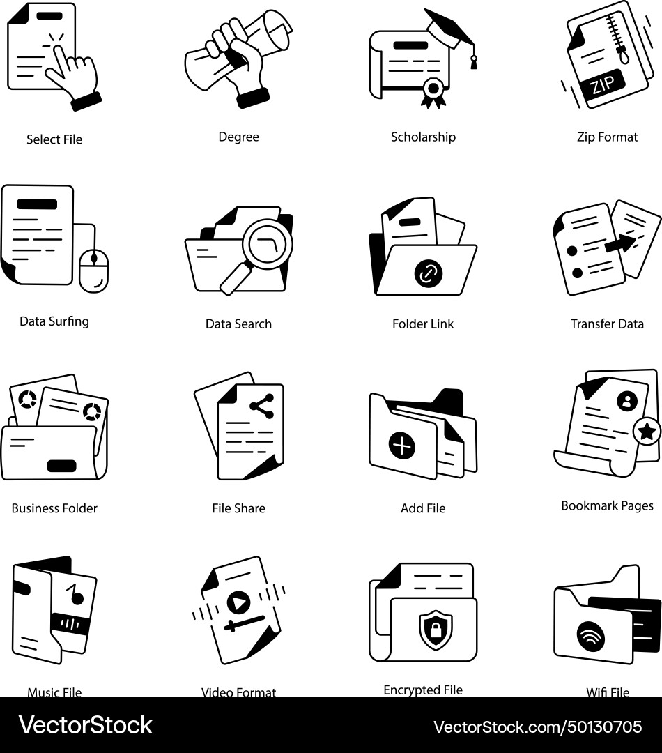 Pack of files and folders linear icons vector image