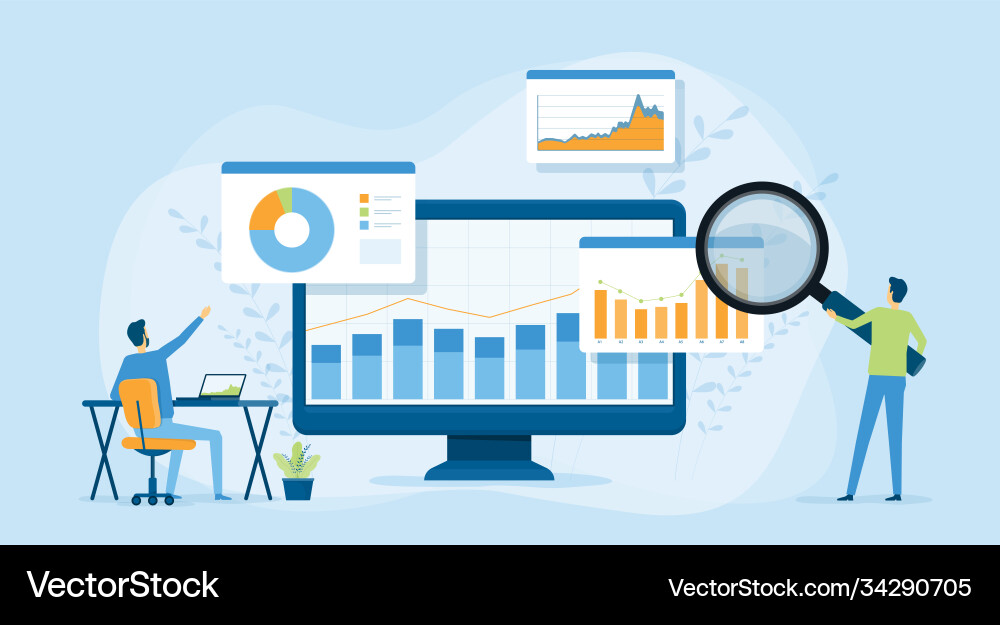 People team working on monitor graph dashboard People team working on monitor graph dashboard Vector Image
