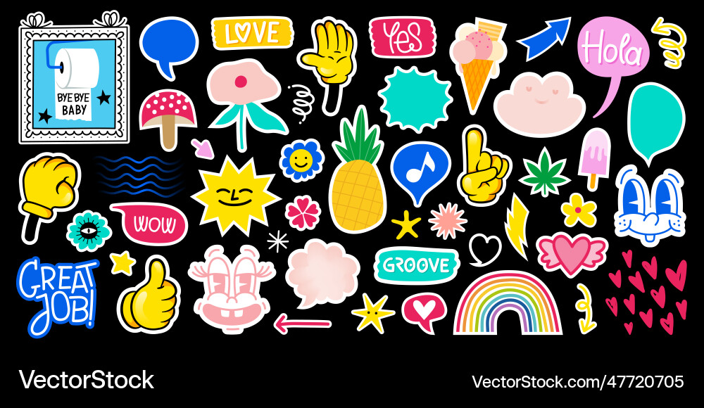 Set of vintage groovy characters and elements Set of vintage groovy characters and elements vector image