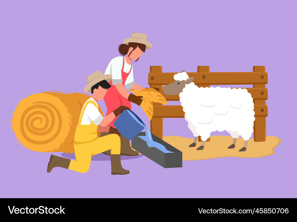 Character flat drawing couple farmer feed sheep Character flat drawing couple farmer feed sheep vector image