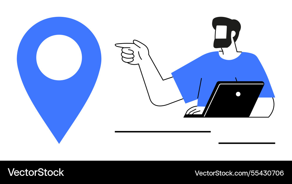 Man using laptop pointing at blue location marker Man using laptop pointing at blue location marker vector image