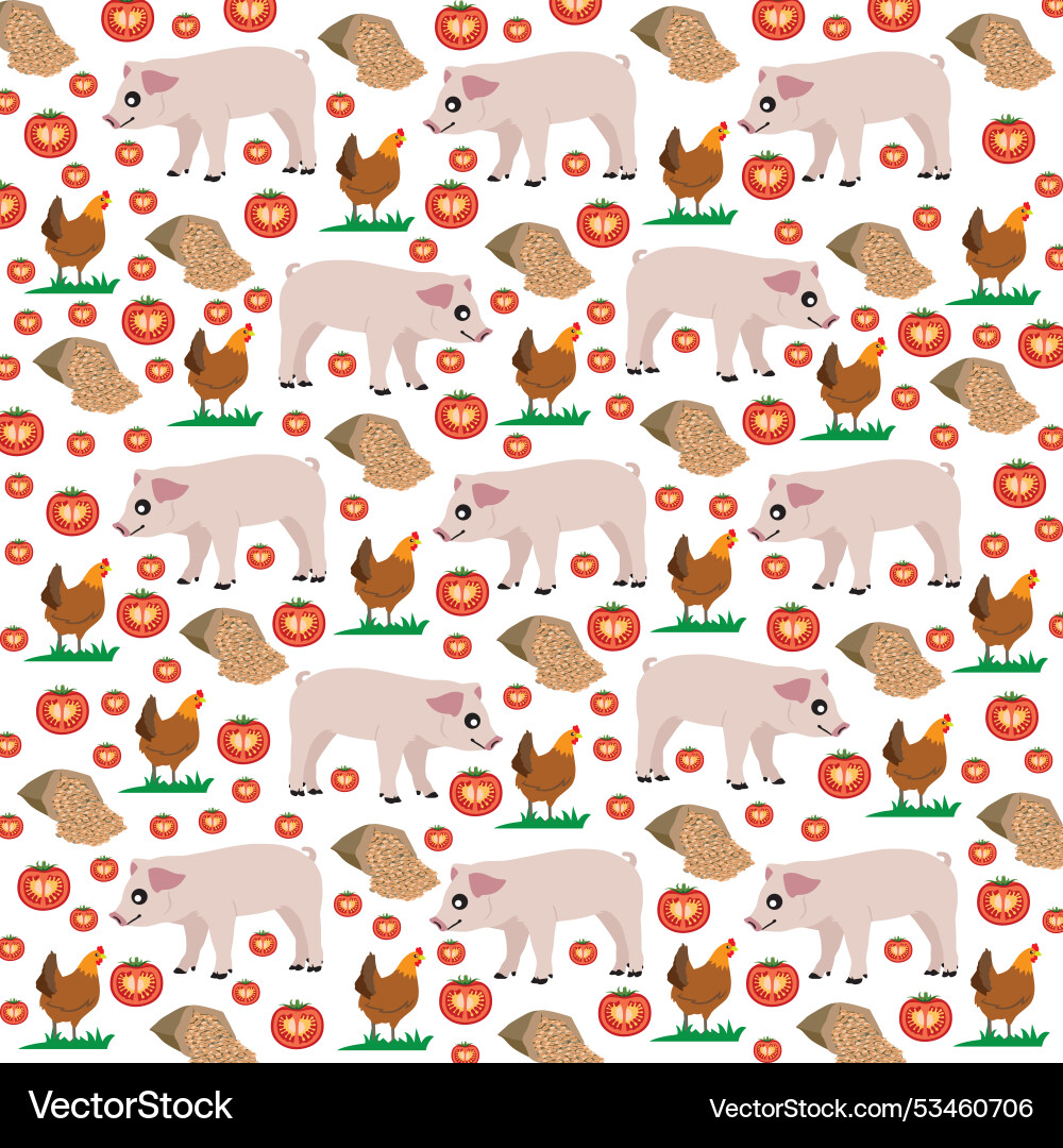 Pig chicken with wheat and tomatoes as a pattern Pig chicken with wheat and tomatoes as a pattern vector image