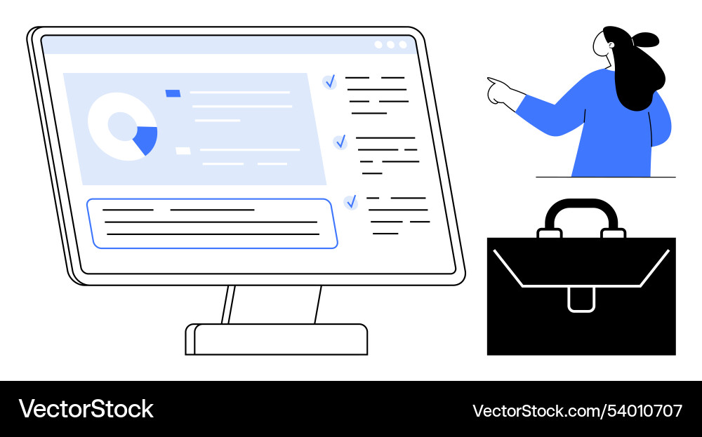 Woman pointing at data on computer screen Woman pointing at data on computer screen vector image