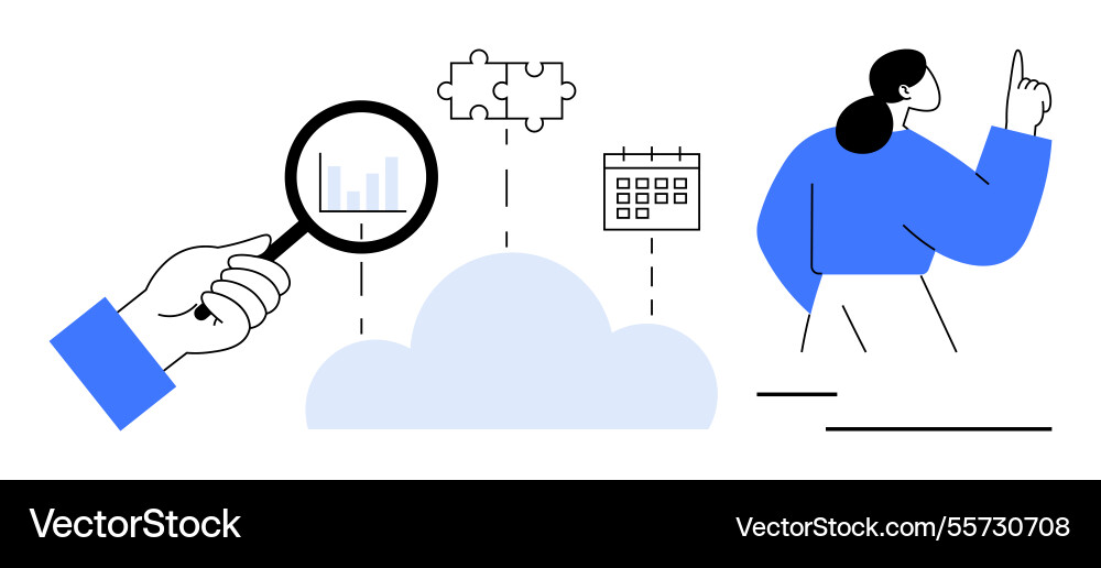 Analyzing data through magnifying glass with cloud Analyzing data through magnifying glass with cloud vector image