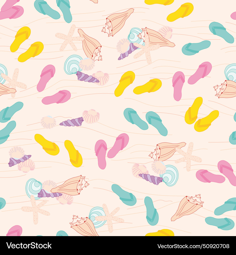 Colorful flip flops and seashells seamless pattern