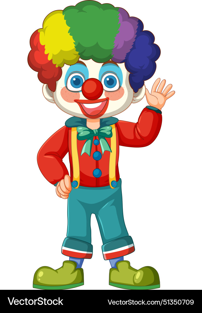 Cheerful clown with rainbow hair waving happily Cheerful clown with rainbow hair waving happily vector image