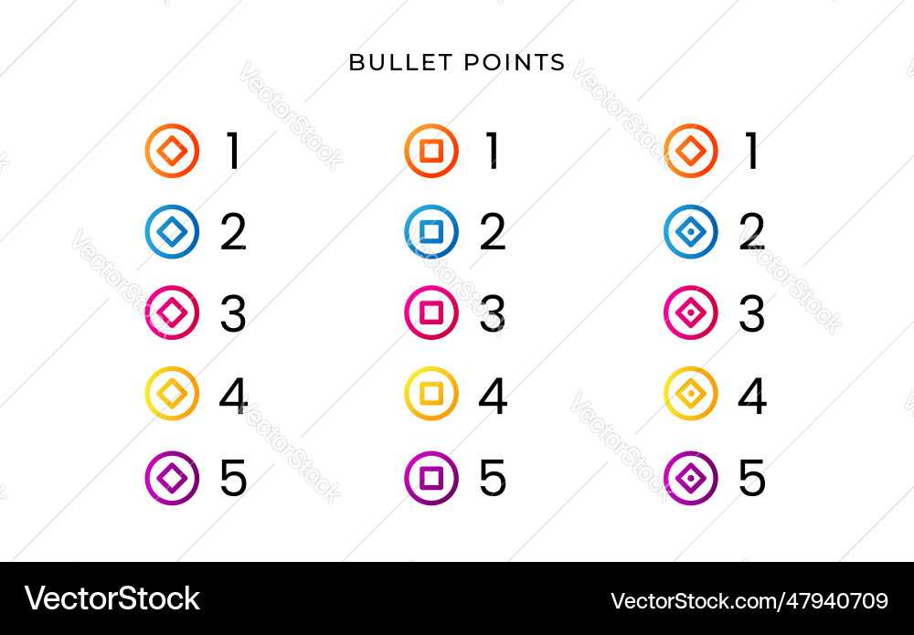 Colorful bullet point number with gradient arrow Colorful bullet point number with gradient arrow Vector Image