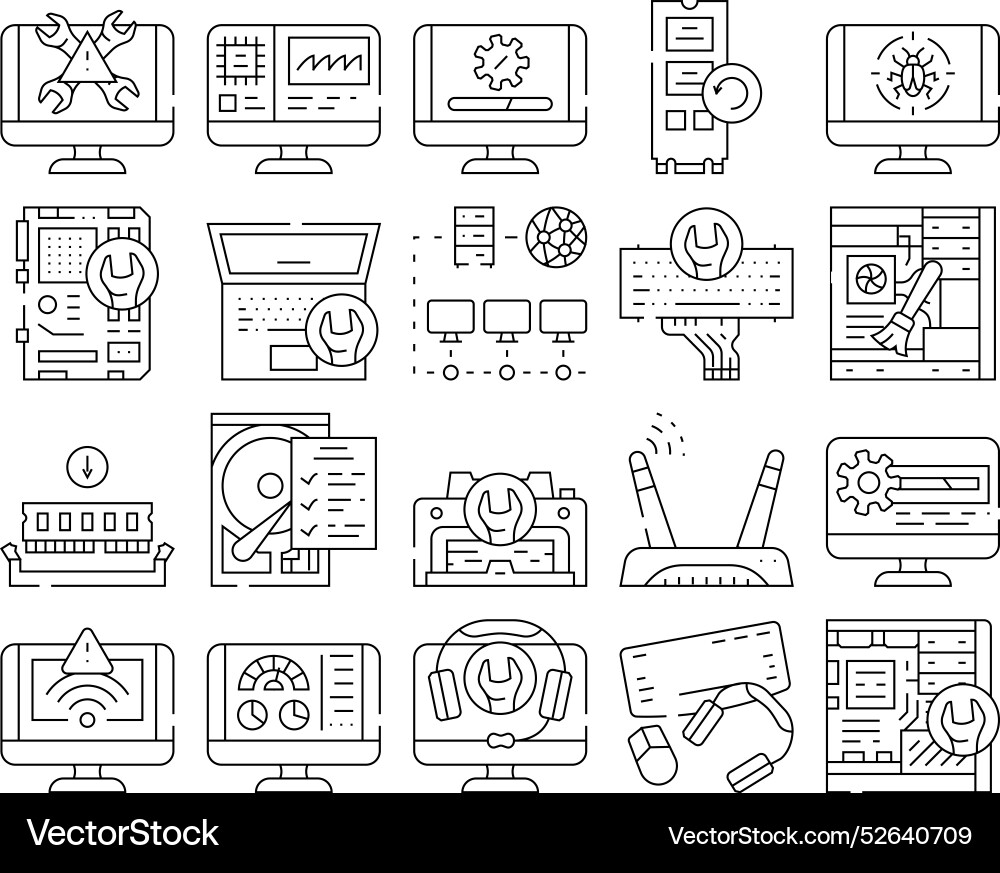 Computer repair technician pc icons set Royalty Free Vector