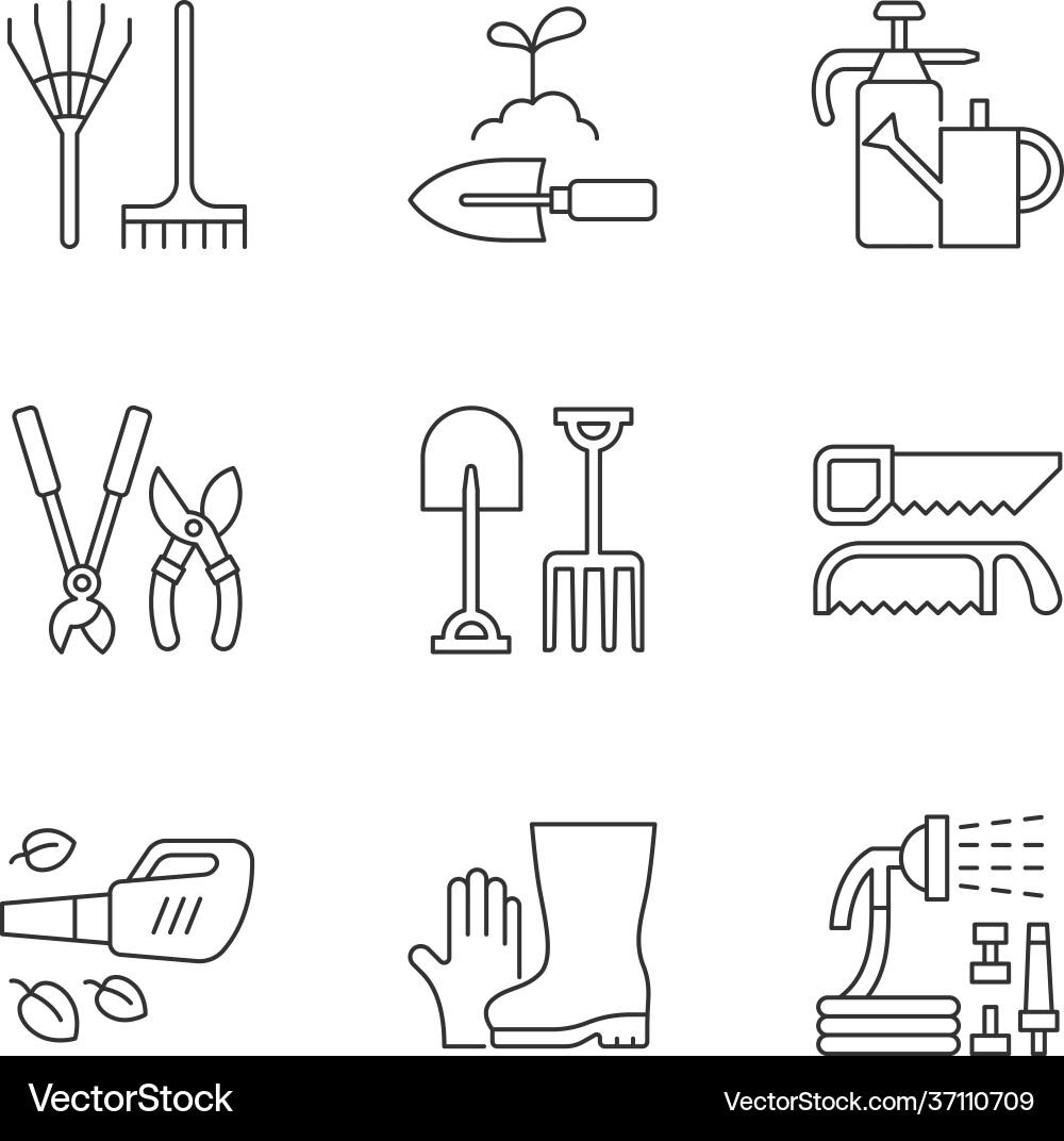 Gardening equipment linear icons set Gardening equipment linear icons set vector image