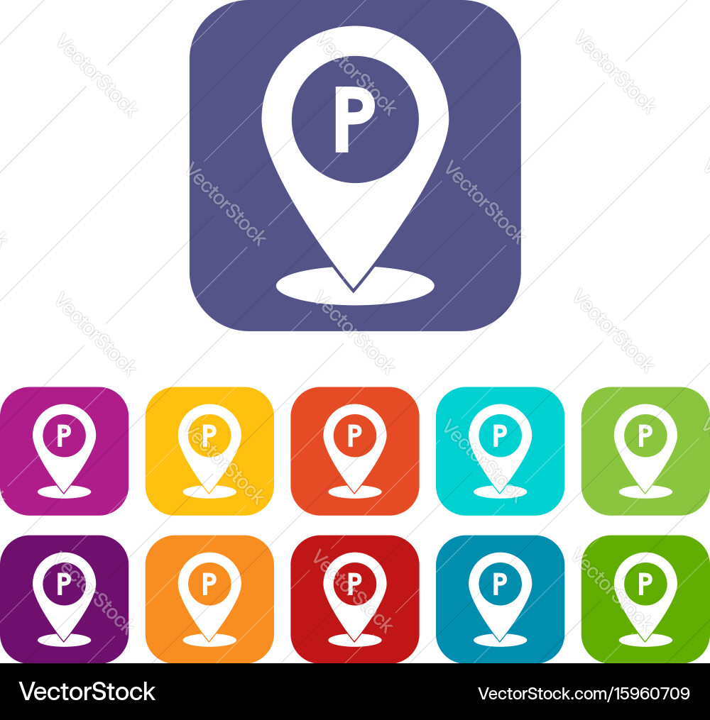 Map pointer with car parking sign icons set vector image