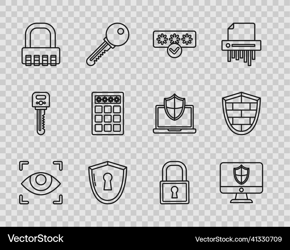 Set line eye scan computer monitor and shield Set line eye scan computer monitor and shield vector image