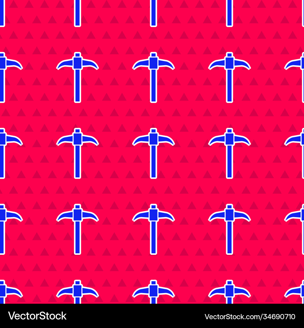 Blue pickaxe icon isolated seamless pattern on red Vector Image