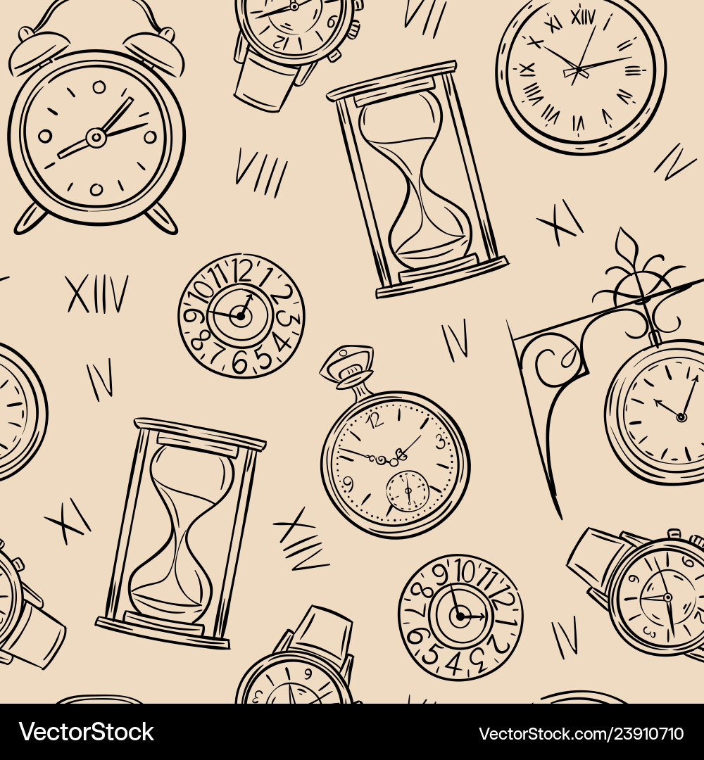 Clock seamless pattern sketch time vector image