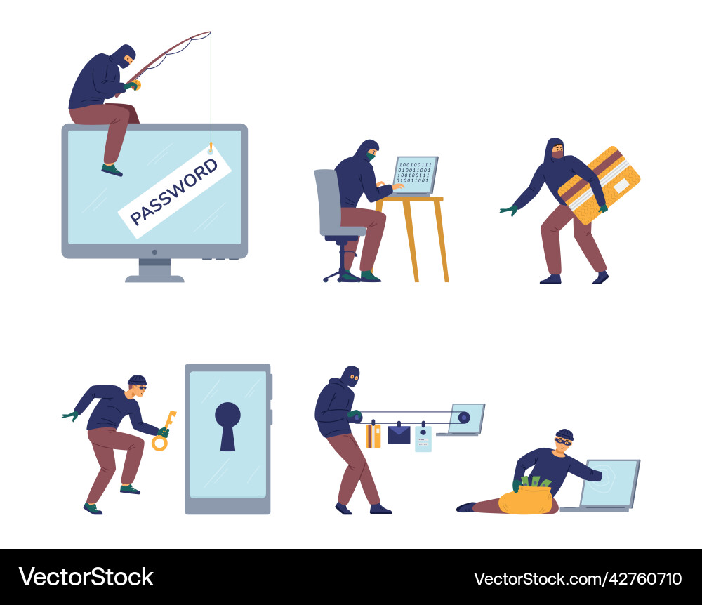 Computer fraud flat concept set hacker Computer fraud flat concept set hacker vector image