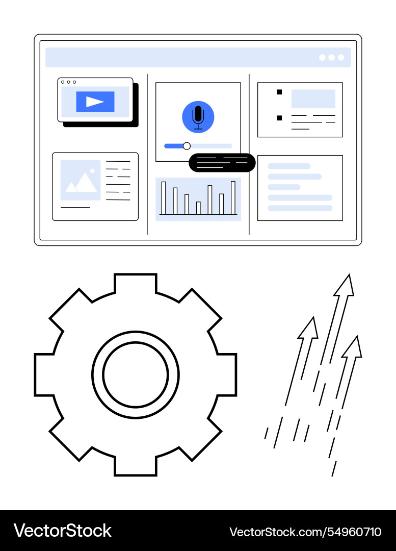 Dashboard with data widgets gear cog and arrows Dashboard with data widgets gear cog and arrows vector image