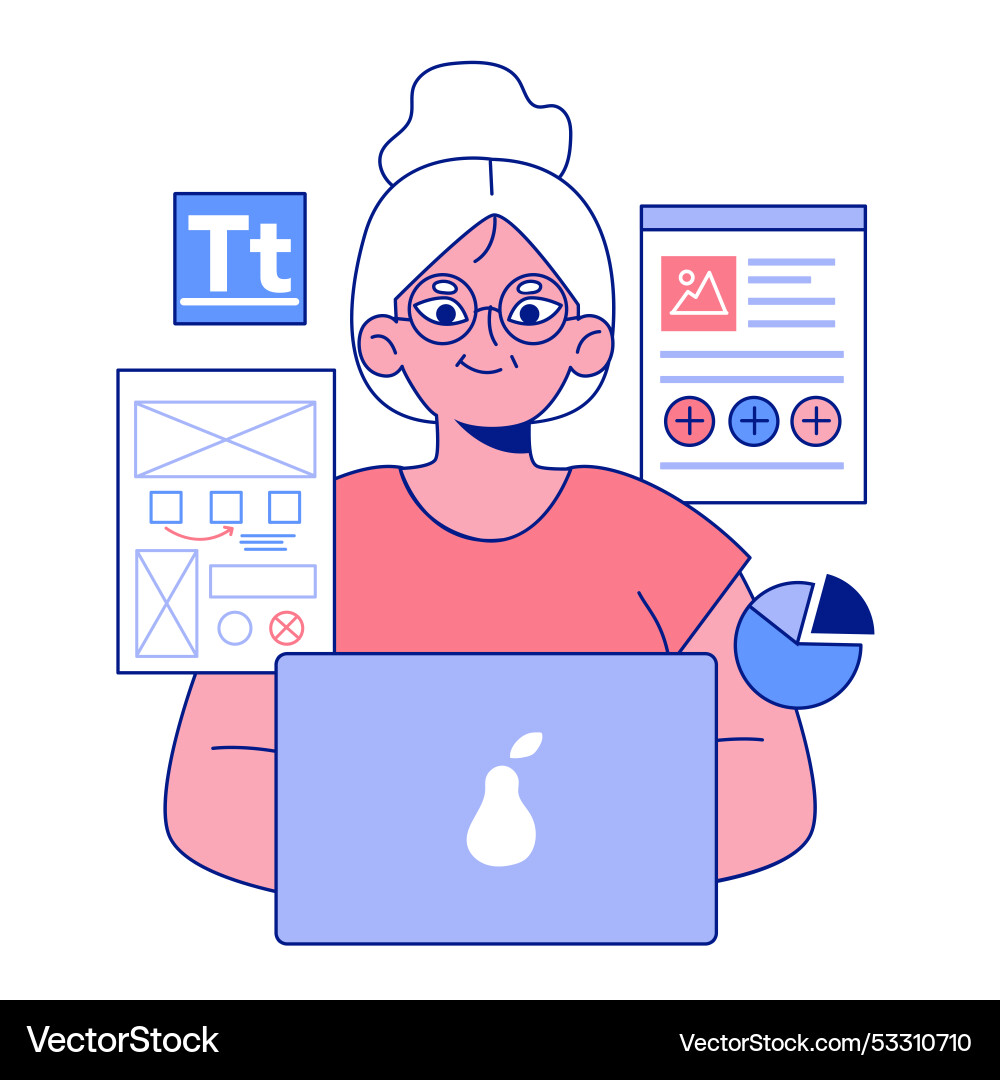 Senior developer old woman programming and coding vector image