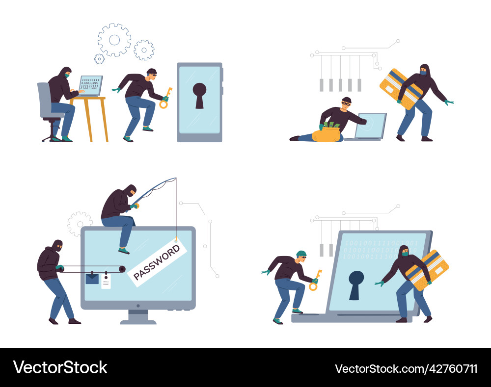 Hacker attack and identity theft scenes set flat Hacker attack and identity theft scenes set flat vector image