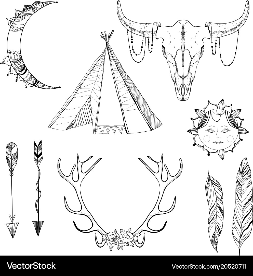 Sketch boho elements set vector image