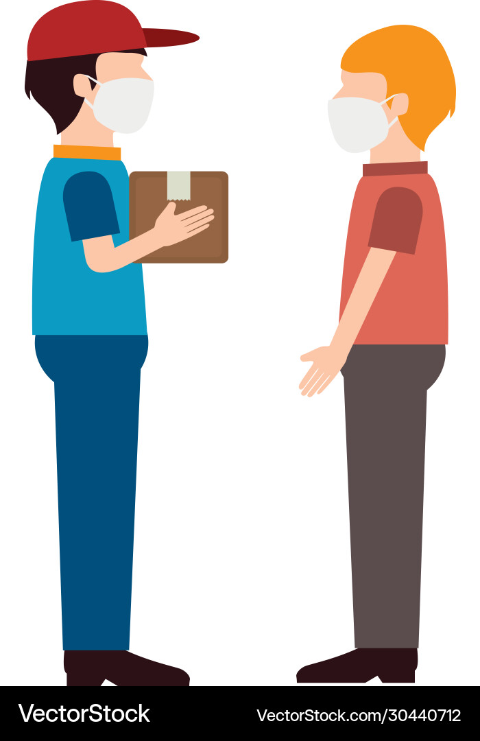 Delivery worker using face mask giving box package Delivery worker using face mask giving box package Vector Image