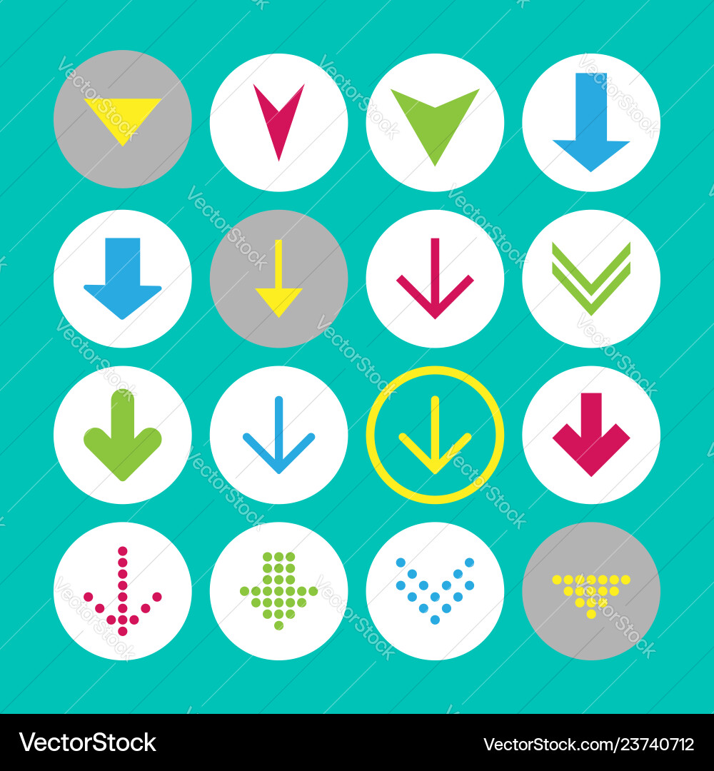 Set of 16 down arrow icons buttons on white Set of 16 down arrow icons buttons on white vector image