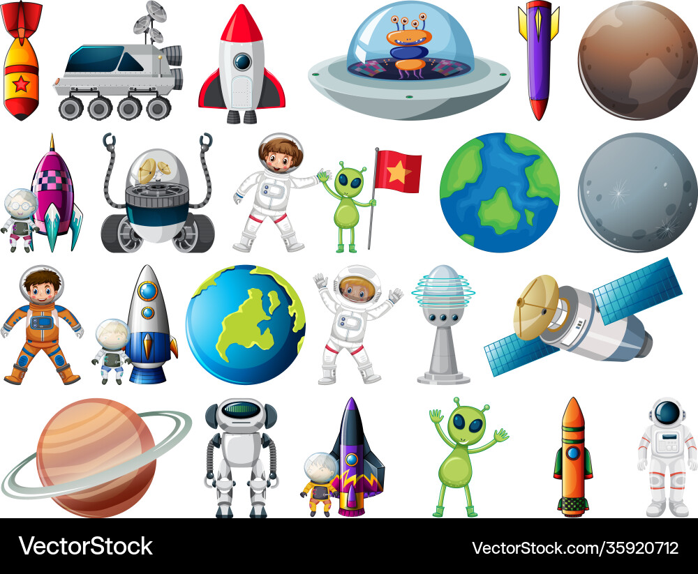 Set space objects and elements isolated vector image