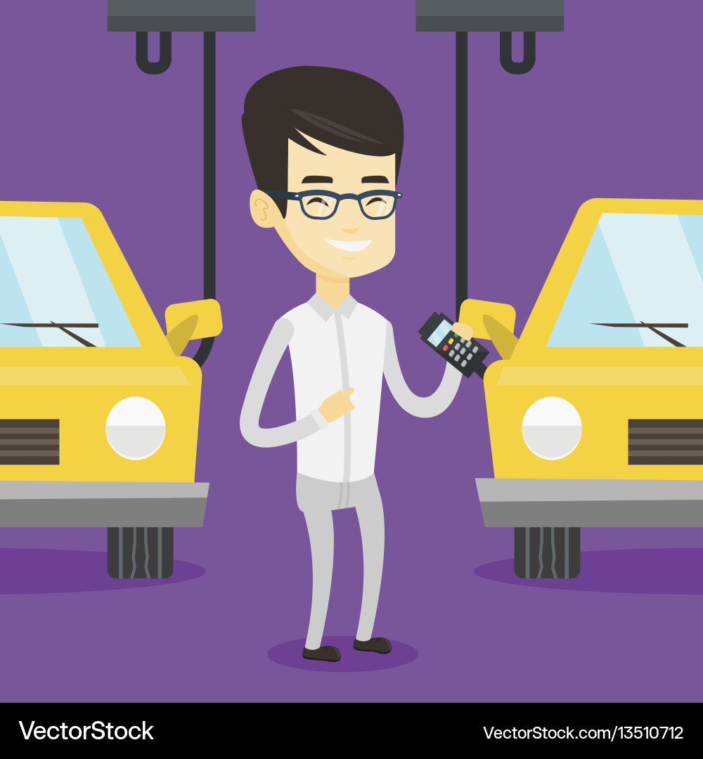 Worker controlling automated assembly line for car Worker controlling automated assembly line for car vector image