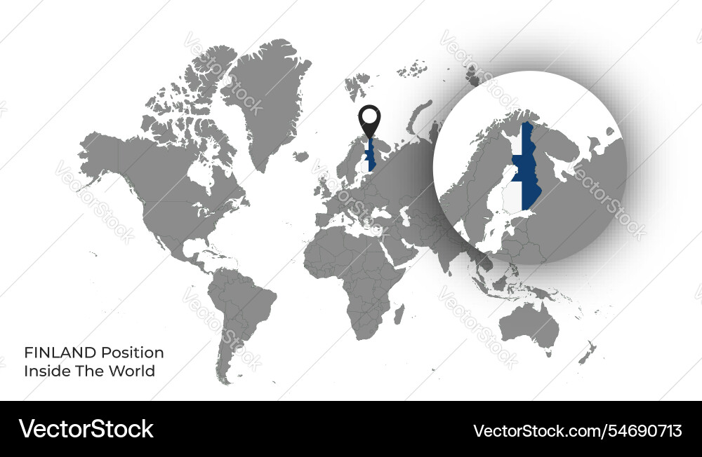 Finland position inside the world with flag in map Vector Image