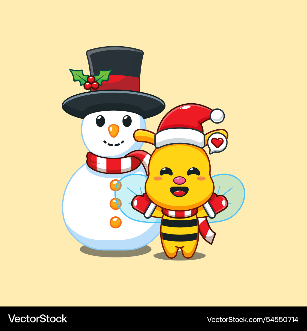 Cute bee playing with snowman cartoon Cute bee playing with snowman cartoon vector image