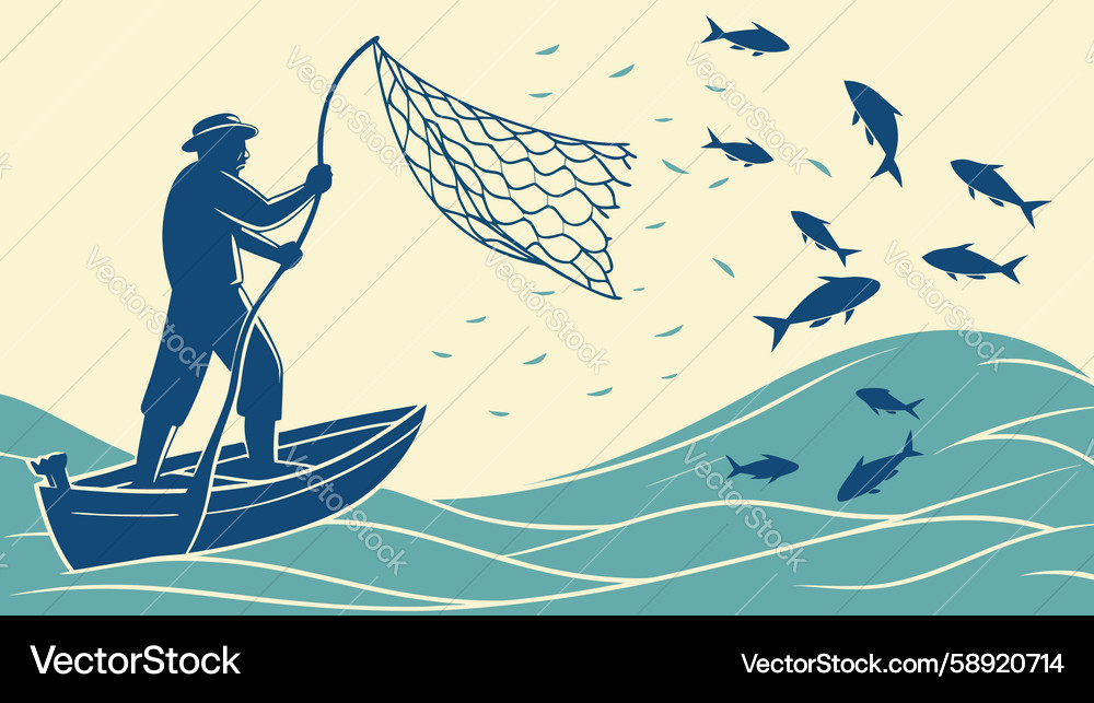 Fisherman casting net on water design generative Vector Image