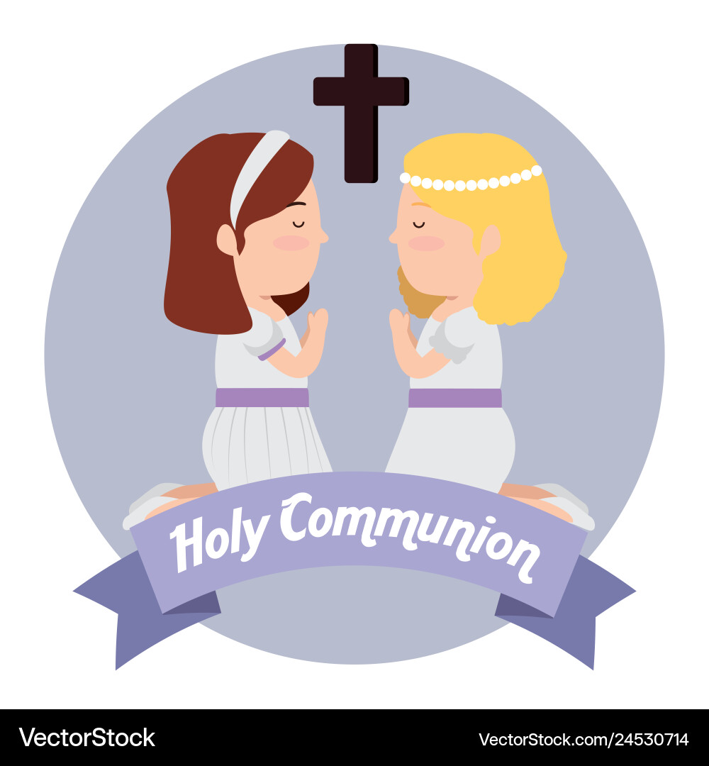 Girls with dress and cross to first communion Girls with dress and cross to first communion vector image