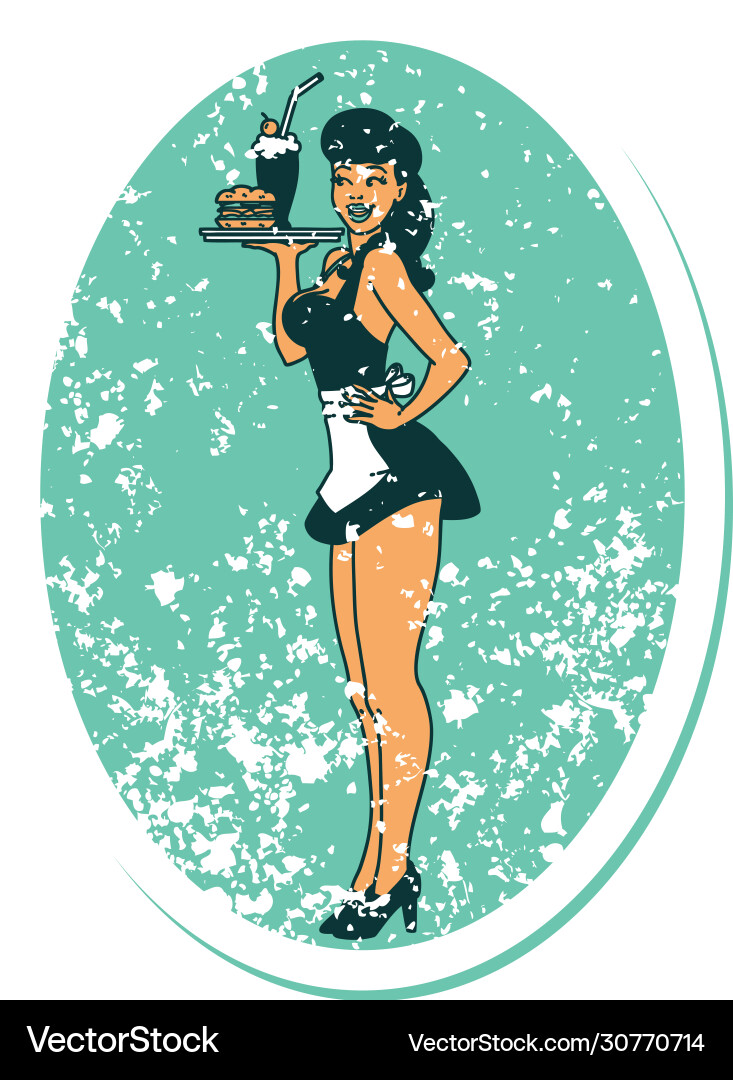 Retro Pinup Waitress - Distressed Style Vector Image