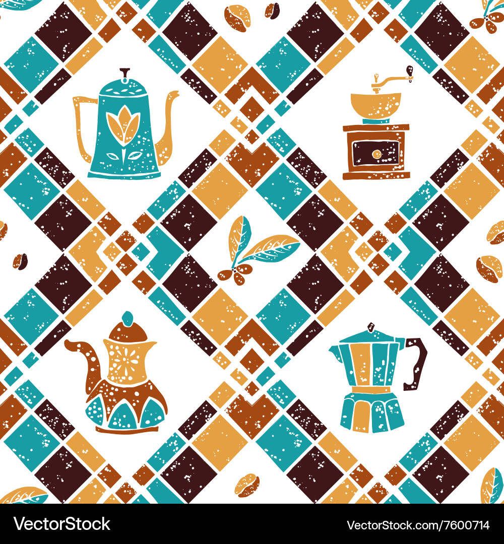 Seamless pattern argyle and coffeepots vector image