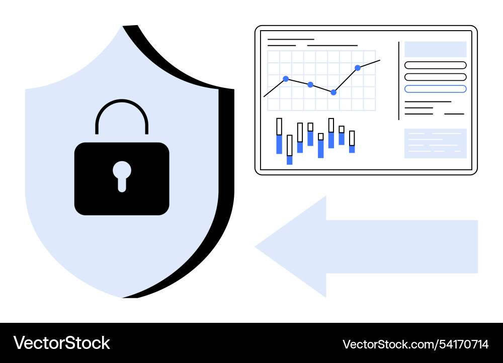 Shield with padlock symbol beside data analytics Shield with padlock symbol beside data analytics vector image