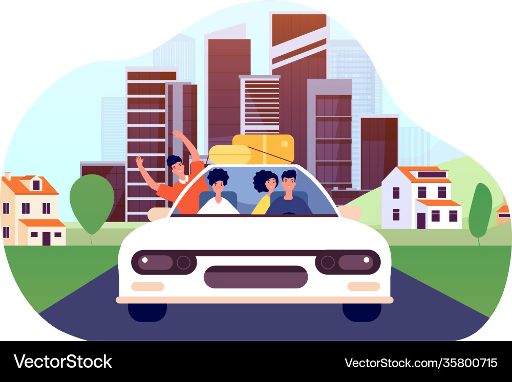 Friends car trip young excited drivers joy man Friends car trip young excited drivers joy man vector image