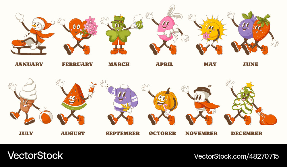 Retro groovy characters symbol months of year Vector Image