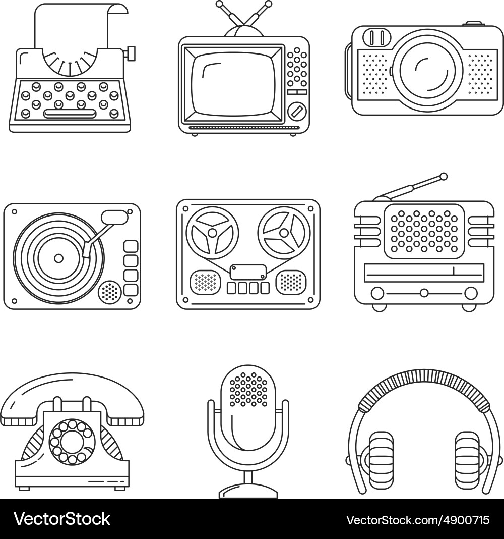 Retro media devices icons in thin line style Vector Image