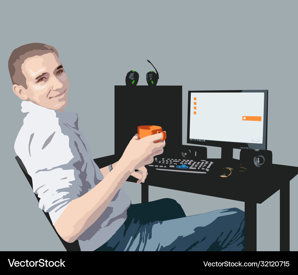 Smiling guy sitting at a desk with computer Smiling guy sitting at a desk with computer vector image
