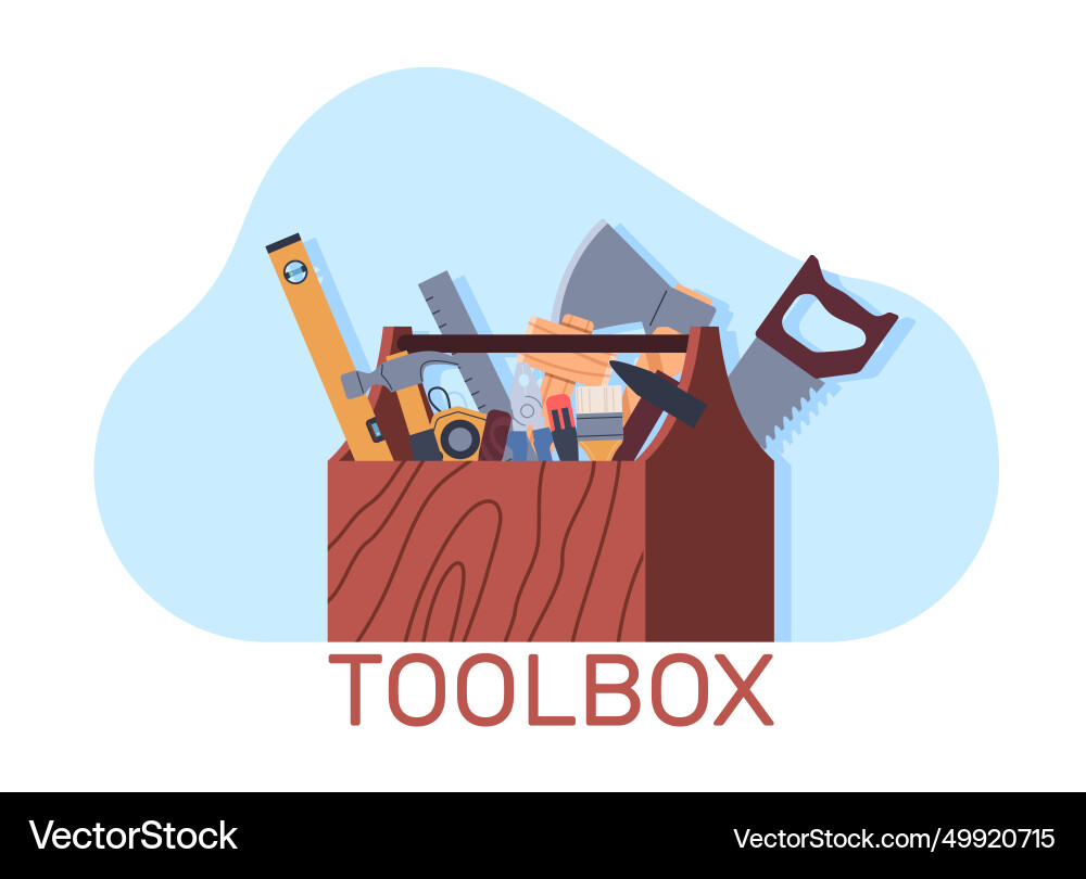Tool box wooden container with different Tool box wooden container with different vector image
