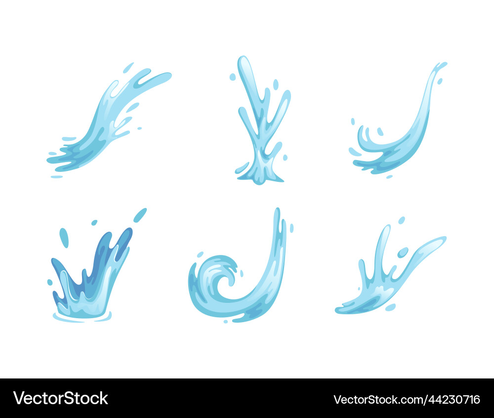Blue water splashes with drops and moving fluid Blue water splashes with drops and moving fluid Vector Image