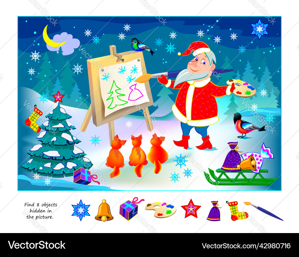 Logic puzzle game for kids find 8 objects hidden Vector Image