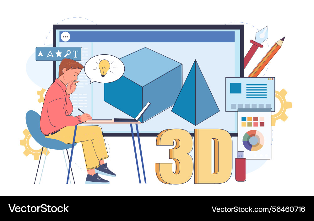 Man 3d designer young guy modeling cube Vector Image